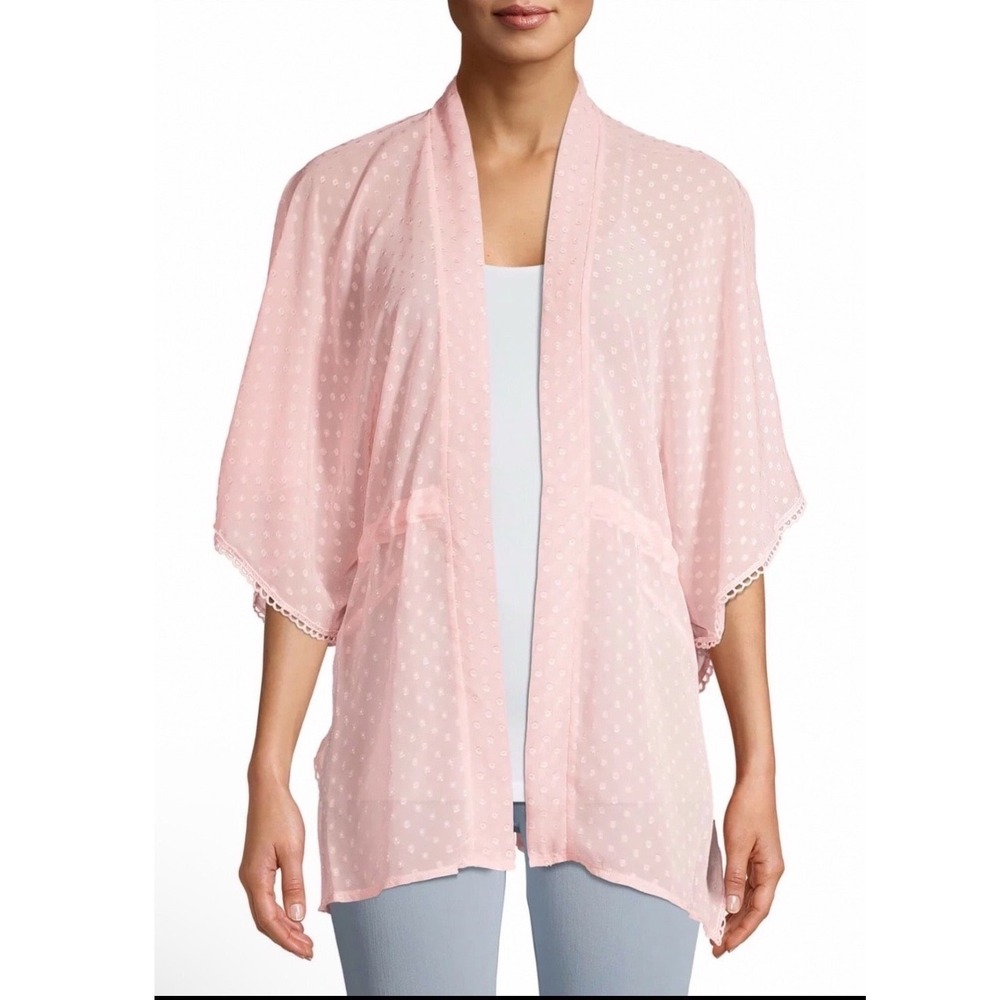 Time and Tru Women Size 2X Pink Sheer Dotted Tie Waist Kimono Robe Casual